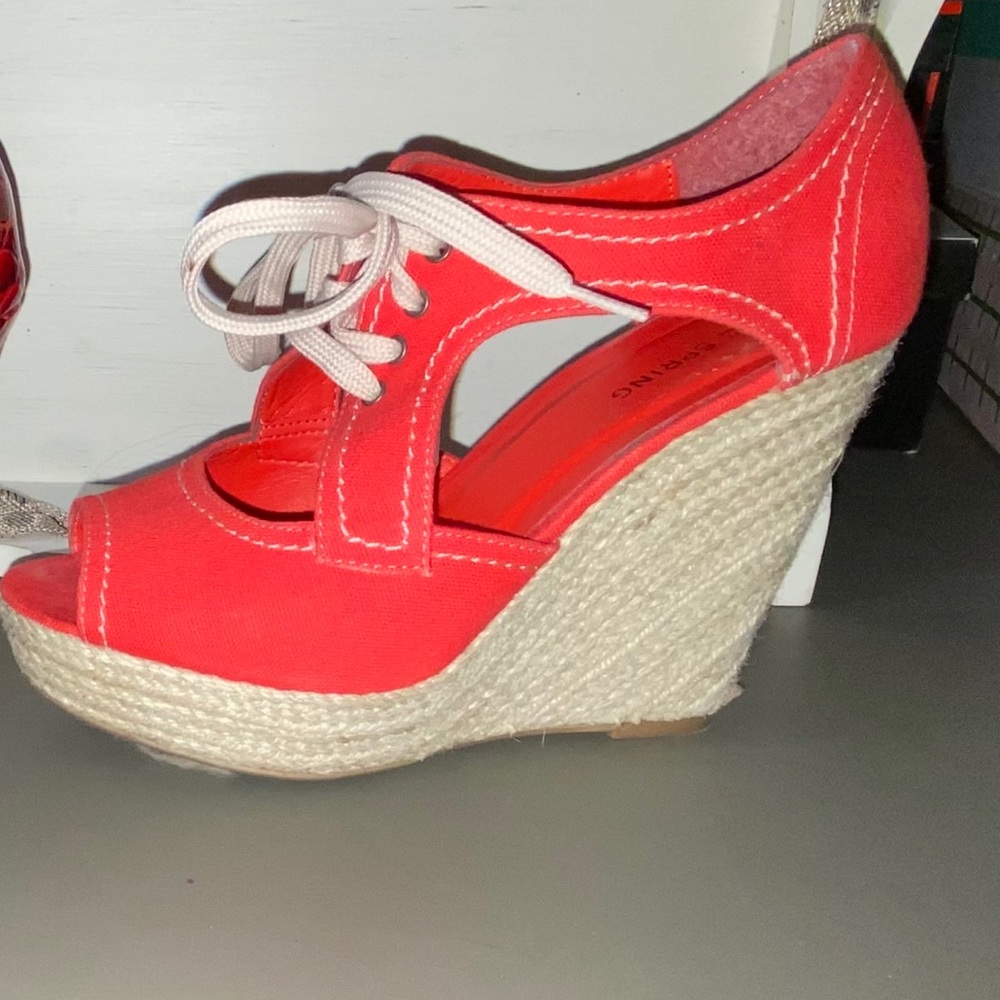 Call it Spring Orange tie wicker heel wedges 8